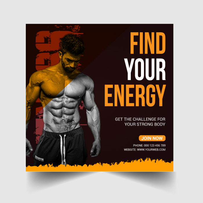 Gym Social Media Post Template Easy customizable and editable 72 DPI RGB File Ready! 1080×1080 (Pixel) 100% Layered and Full Editable Ai file